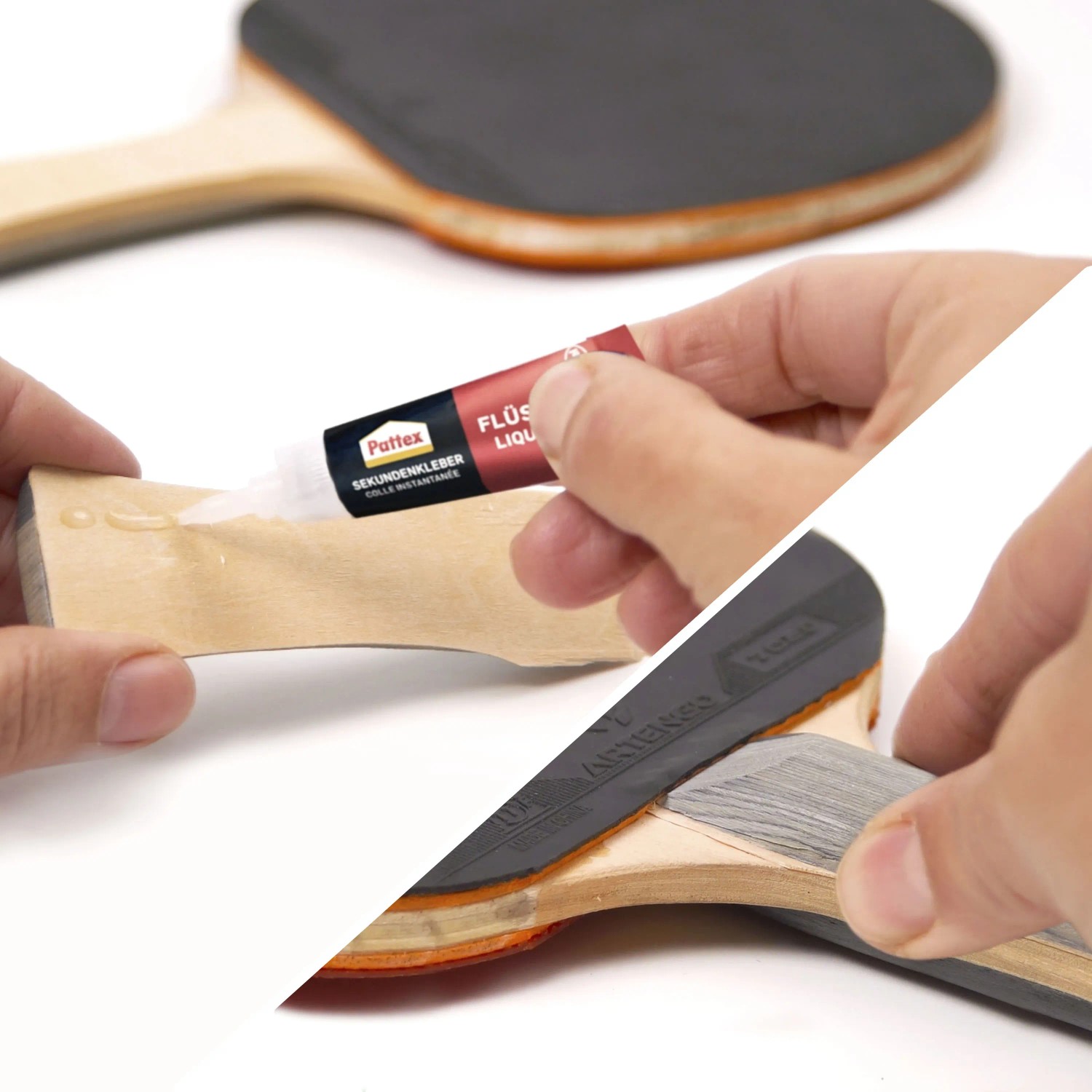 Auftragen von Pattex Sekundenkleber Flüssig auf ein Tischtennis-Schlägerholz.