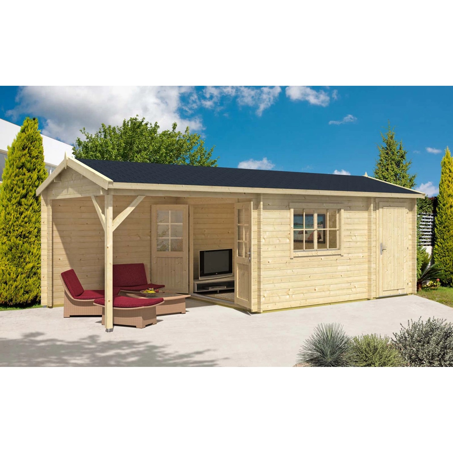 Alpholz Gartenhaus/Gerätehaus Burgsee-40 Satteldach 714 cm x 322 cm Hellbraun