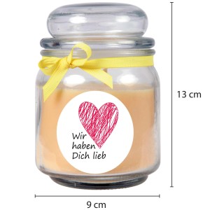 Gelbe Duftkerze im Bonbonglas mit Herz und Schleife, Vanille Duft.