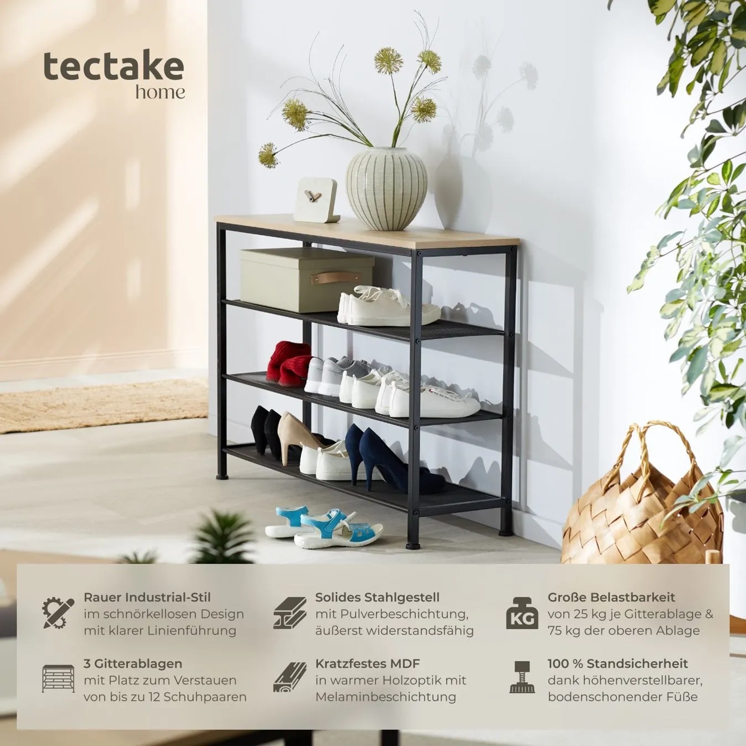 Tectake Schuhregal Portsmouth Industrial Style Holz und Stahl 100 x 30 50 x 72 50 cm Industrial Holz Hell Eiche Sonoma_2