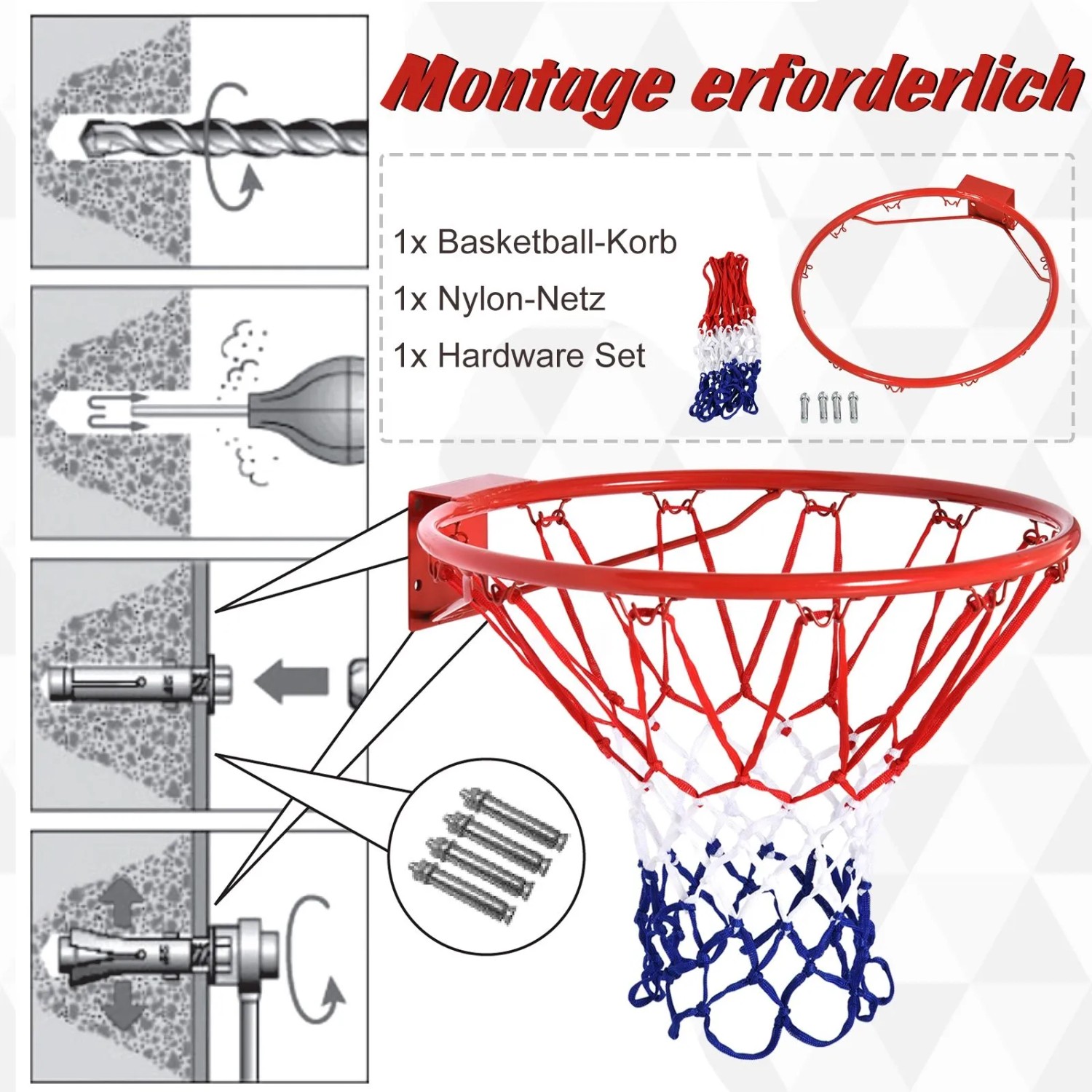 Roter Basketballkorb mit rot-weiß-blauem Netz, zeigt Wandmontage. Inkl. Zubehör für Indoor & Outdoor Spiel & Spaß.