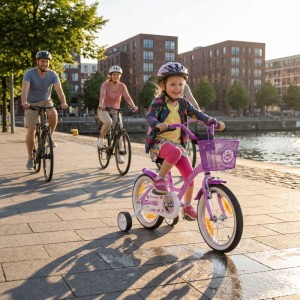 Fröhliches Mädchen auf violettem 16 Zoll Kinderfahrrad mit Stützrädern, fährt mit Familie am Wasser entlang.