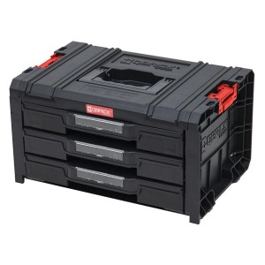 Schwarzer PROREGAL QBRICK Werkzeugkasten Pro Toolbox mit 3 Schubladen und Teleskopgriff.