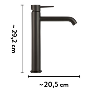 Mattschwarze baliv Waschtischarmatur WT-621 mit hohem Auslauf und Maßangaben.
