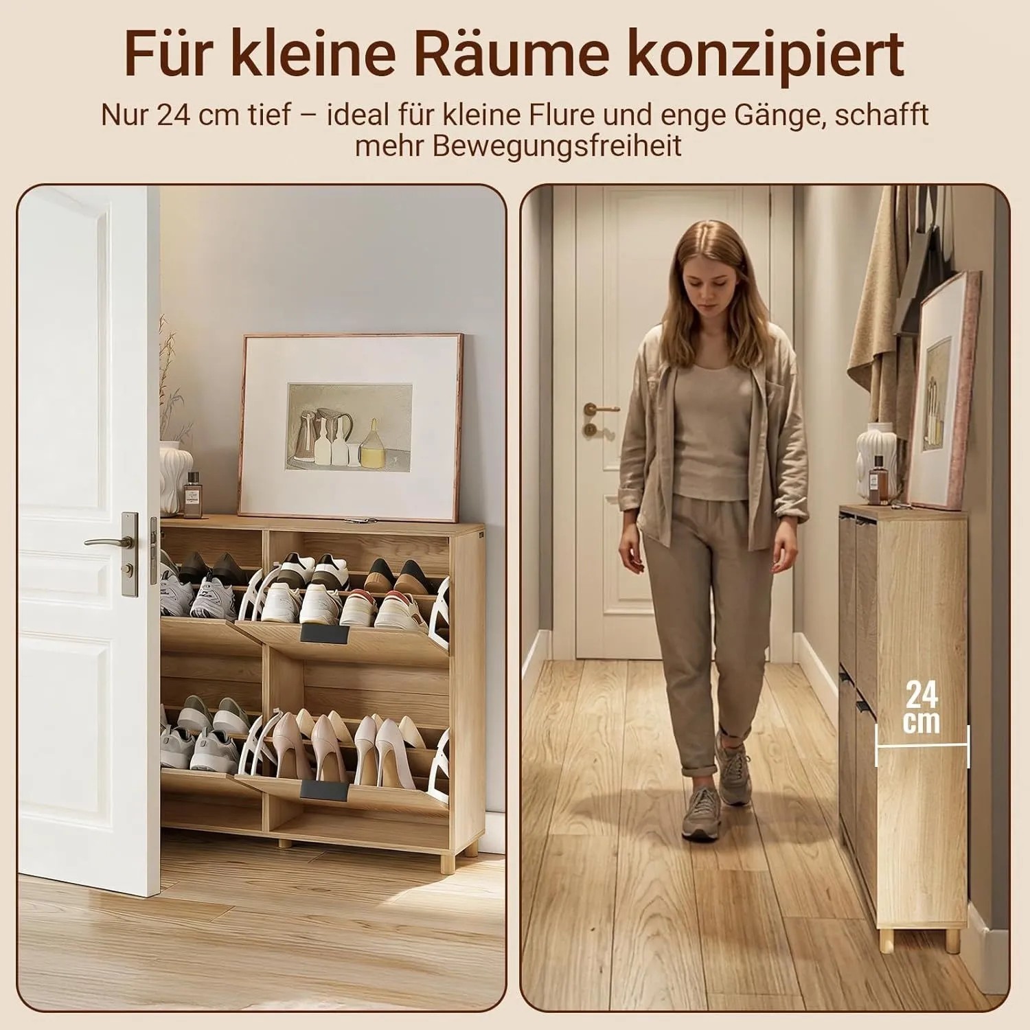 SoBuy Schuhschrank FSR214-N, naturfarben, mit 4 Klappen und Schuhen im Flur.