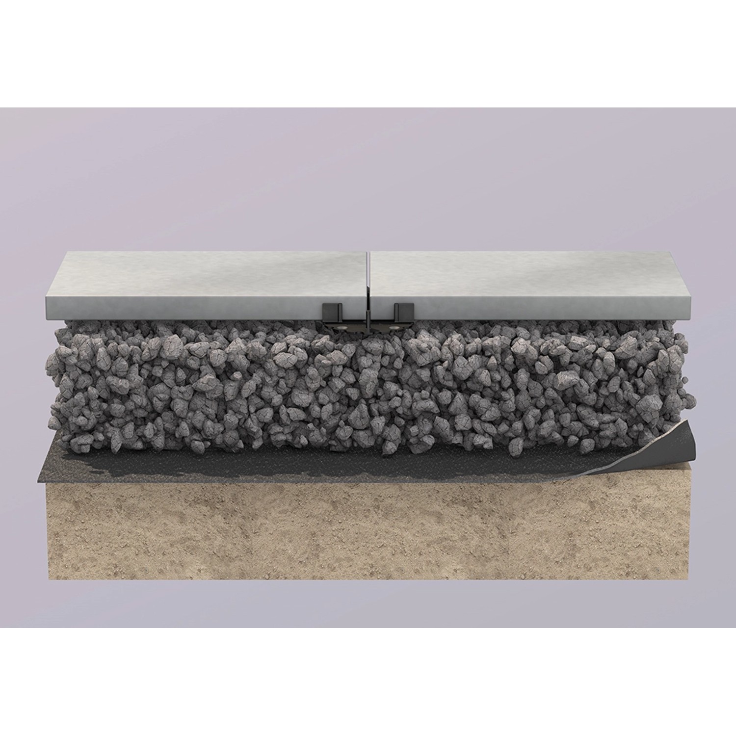 GS Terrassen Geotextil Filtervlies 14 m² im Querschnitt mit Platten, Kies und Untergrund.