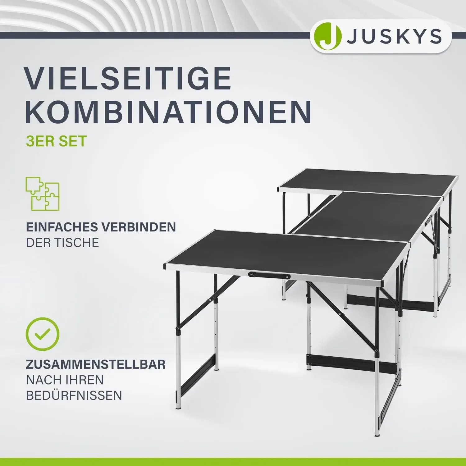 Juskys Multifunktionstisch 3er Set, höhenverstellbar und klappbar, als Tapeziertisch oder Campingtisch.