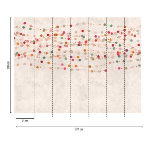 Bunte Kinderzimmer Tapete mit Perlenkette und Punkten auf Betonoptik Hintergrund.