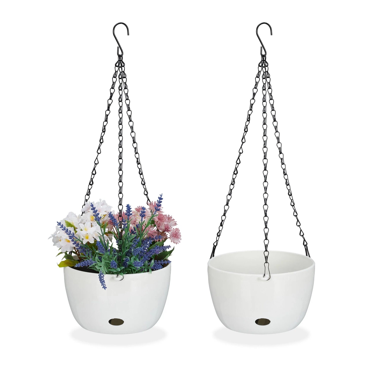 Relaxdays 2er Set Blumenampeln Kunststoff Stahl Weiß Schwarz mit Wasserspeicher 56 cm x 20,5 cm