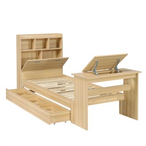 Multifunktionales Bett in Holzoptik mit Kopfteilregal, ausziehbarer Schublade und klappbarem Tisch.