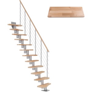 Dolle Mittelholmtreppe Basel, Buche perlgrau, mit einseitigem Geländer und Edelstahlstäben.