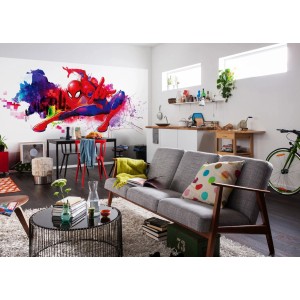 Fototapete mit Spider-Man Motiv in Rot und Lila, 300x150 cm. Wandgestaltung für Kinderzimmer.