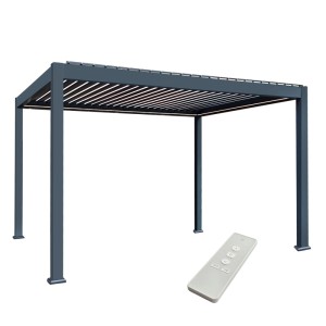 Anthrazitfarbene osoltus Lamellen Pergola 4x3m mit elektrischem Lamellendach, LED-Beleuchtung und Fernbedienung.