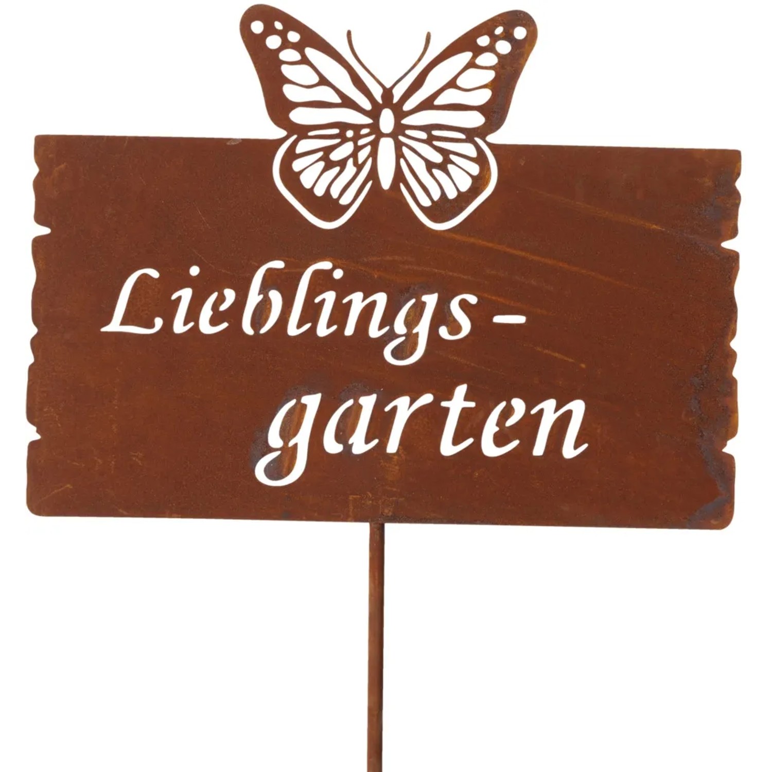 Gartenstab Garden Theresa mit Schmetterling und Schriftzug "Lieblingsgarten" aus Eisen.