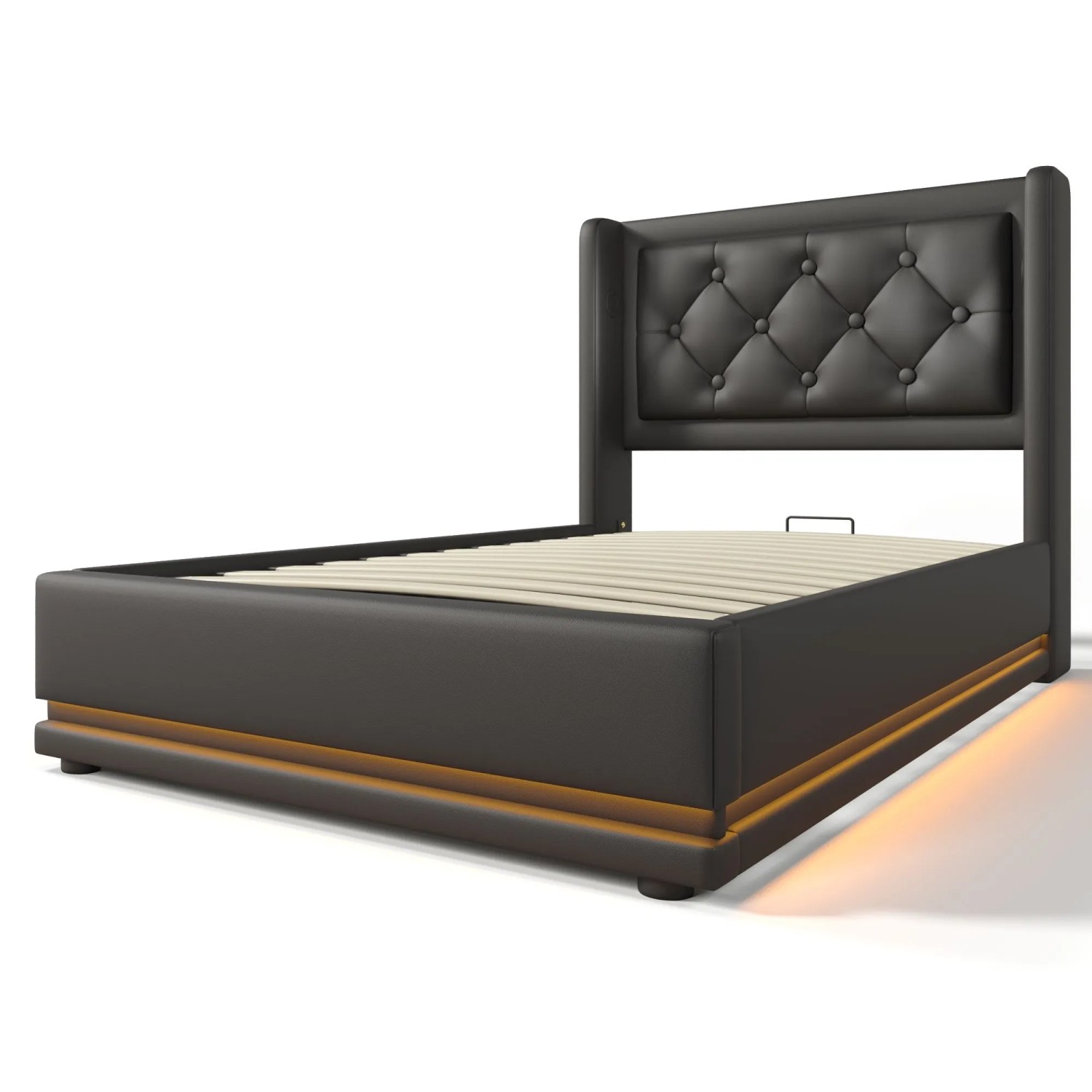 okwish Polsterbett 90x200cm mit Hydraulik Stauraum LED USB Funktion Schwarz ohne Matratze