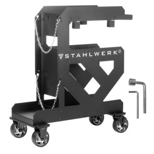 Schwarzer STAHLWERK Schweißwagen mit Rollen, Ketten für Gasflaschen und Halterungen für Schläuche. Robuster Gerätewagen.