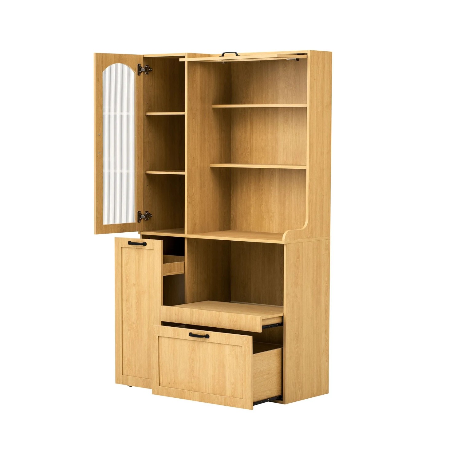 okwish Highboard mit Riffelglas Schubladen Verstellbare Böden Küche 98x40x177cm Natur