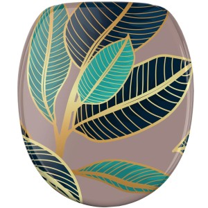 SANILO WC-Sitz Zalina mit Absenkautomatik, Holz, Blattmuster in Blau, Grün und Gold.