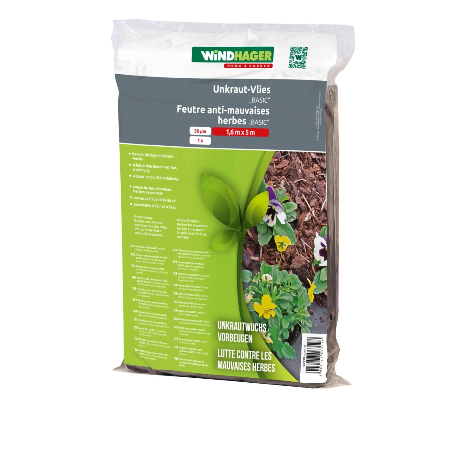 Verpackung Windhager Unkrautvlies Basic, 160x500cm, schwarz, zur Unkrautbekämpfung im Garten.