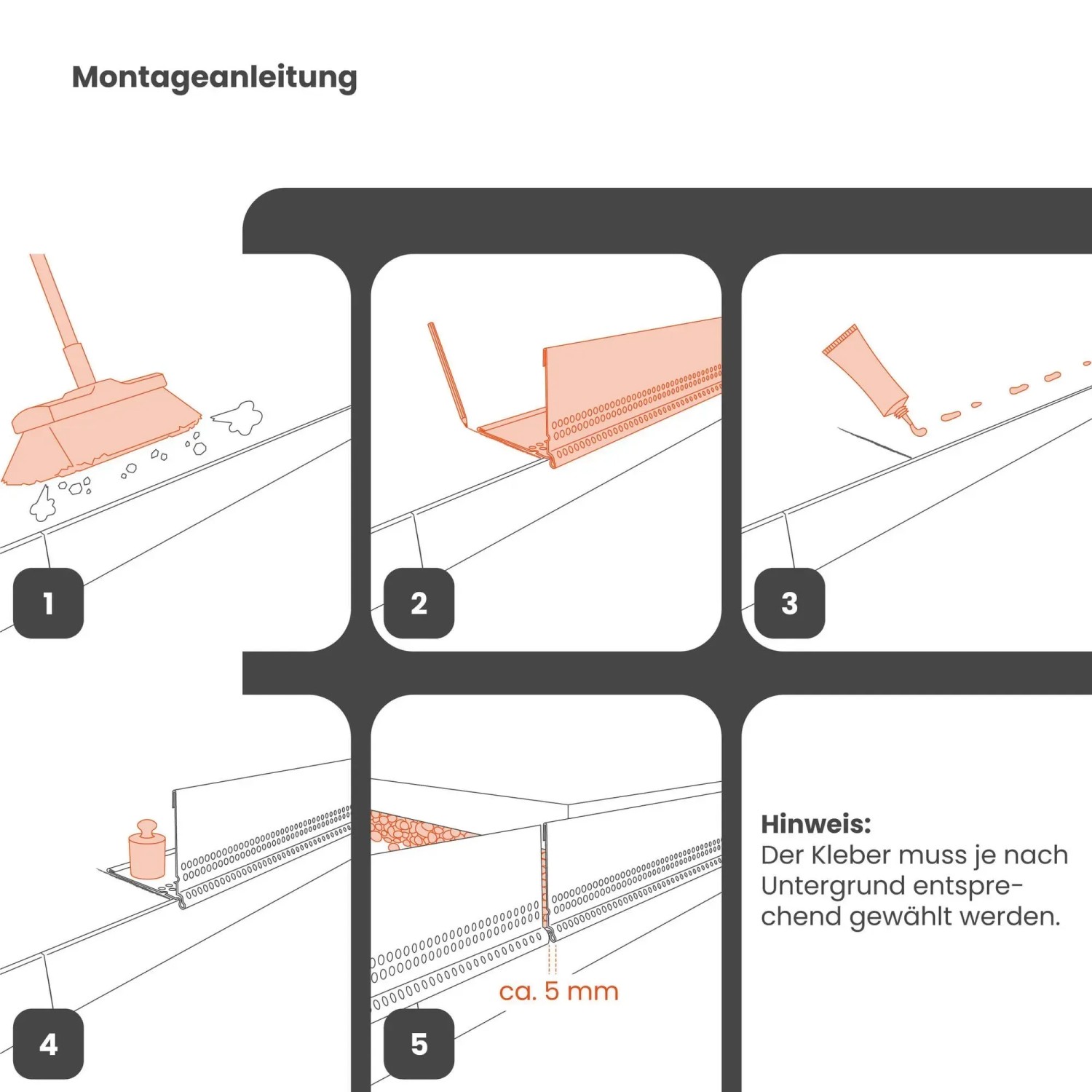 Montageanleitung der Daprona Kiesfangleiste aus Aluminium mit Tropfkante. Schritte: Reinigen, Kleben, Fixieren, Kiesabgrenzung.