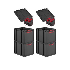 PROREGAL SuperSparSet: 4 schwarze Euroboxen mit roten Griffen und Auflagedeckel, gestapelt.