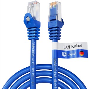Blaues CAT 7 Patchkabel von hb-digital, halogenfrei, mit RJ45 Stecker für Netzwerktechnik.