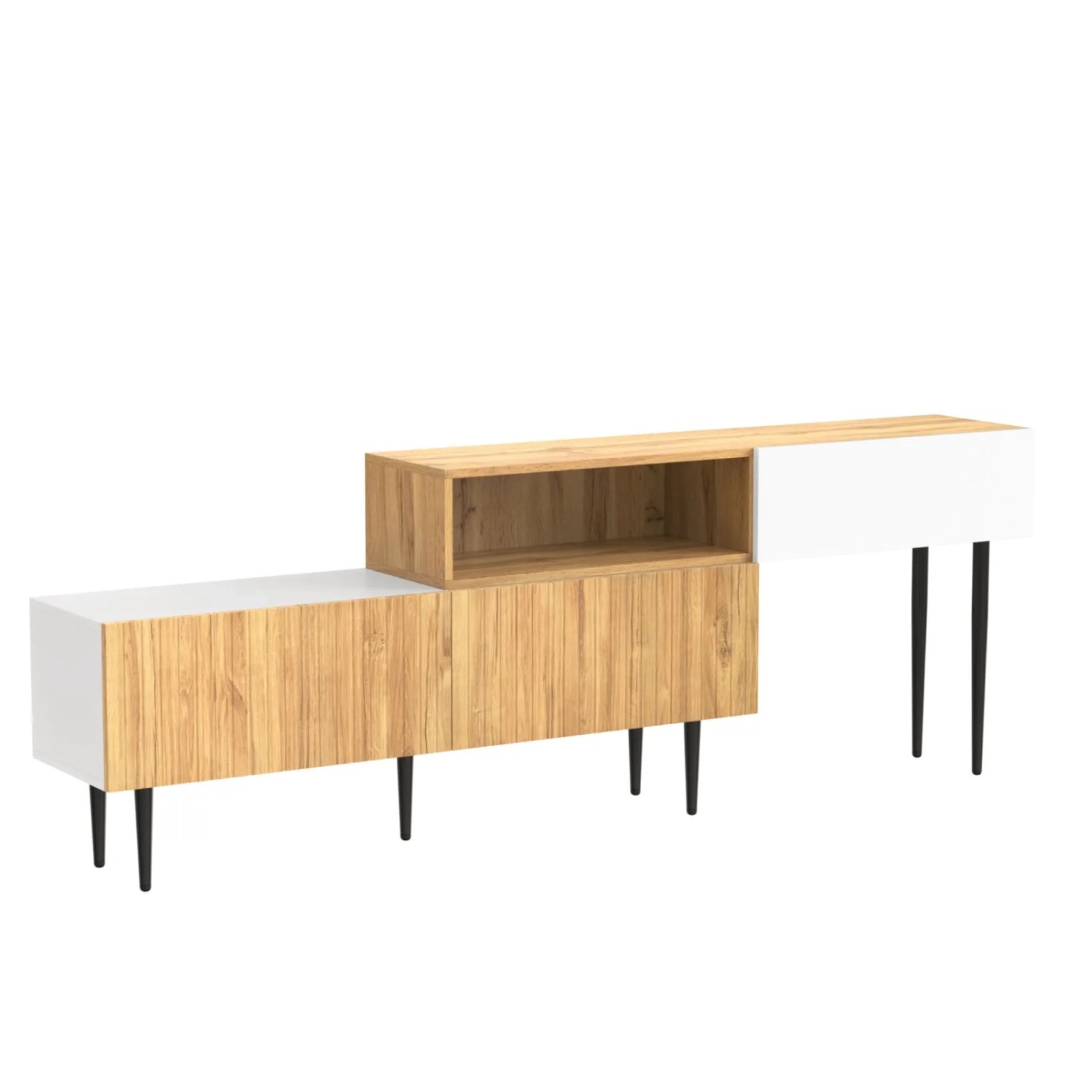 PXloue TV-Schrank Weiß mit Verstellbarer Länge Holzoptik Metallbeine Multifunktionales Wohnzimmermöbel