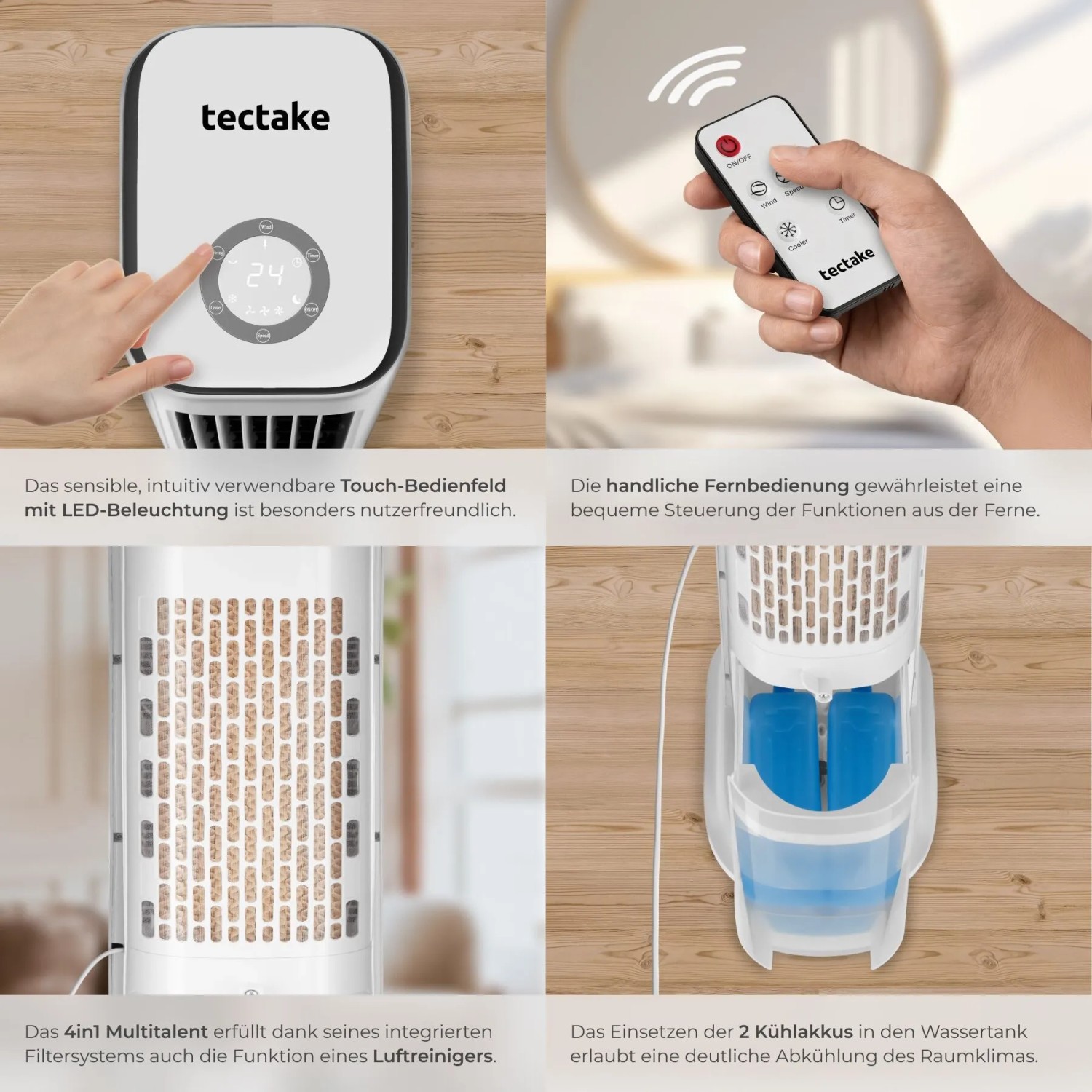Tectake Luftkühler Alaska: Details wie Touch-Bedienfeld, Fernbedienung, Filter und Kühlakkus.
