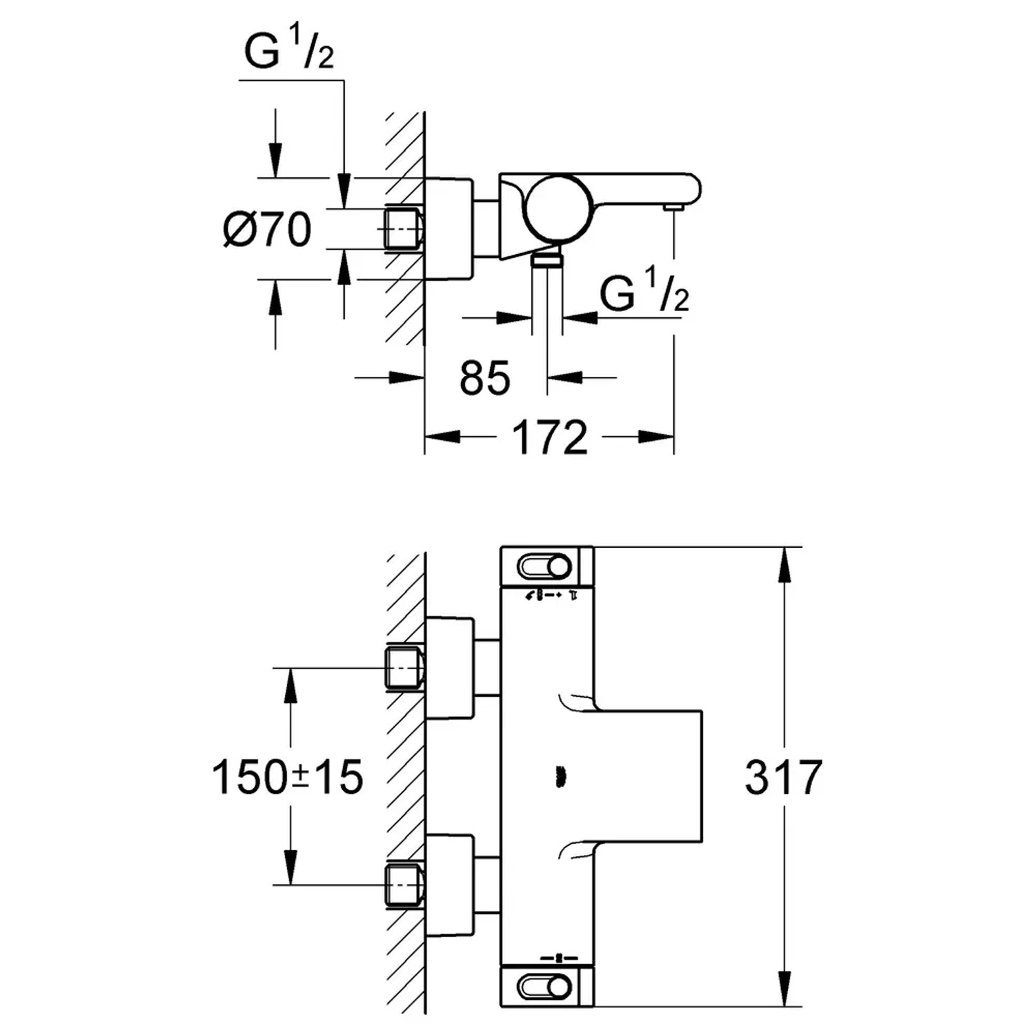 Technische Zeichnung Grohe Grohtherm 2000 Thermostat-Wannenbatterie DN 15 mit Maßen.