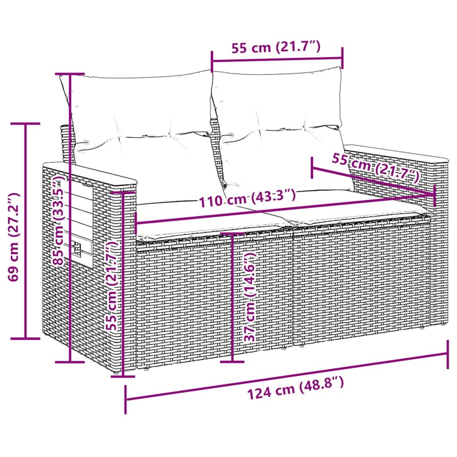 Skizze der vidaXL 7-tlg. Garten-Sofagarnitur aus schwarzem Rattan mit Maßen.