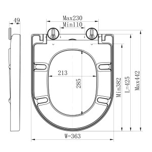 NEG WC-Sitz Klassik SoftClose Toilettendeckel: Technische Zeichnung mit Maßen, Draufsicht und Seitenansicht für WC Uno11RK.