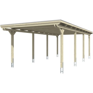 Weißes Skan Holz Einzelcarport aus Leimholz, 404x846 cm, mit flachem Dach und acht Pfosten.