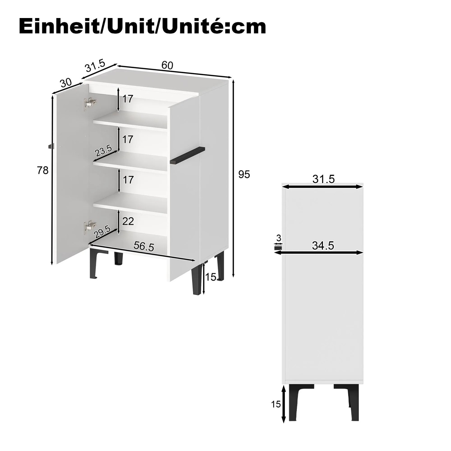 Weißer okwish Schuhschrank mit Doppeltüren, 95x60x34cm. Offene Türen zeigen Stauraum für Schuhe im Eingangsbereich.