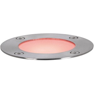 Runder Paulmann Plug & Shine RGBW Bodeneinbaustrahler aus Metall mit rotem Licht, geeignet für den Außenbereich.
