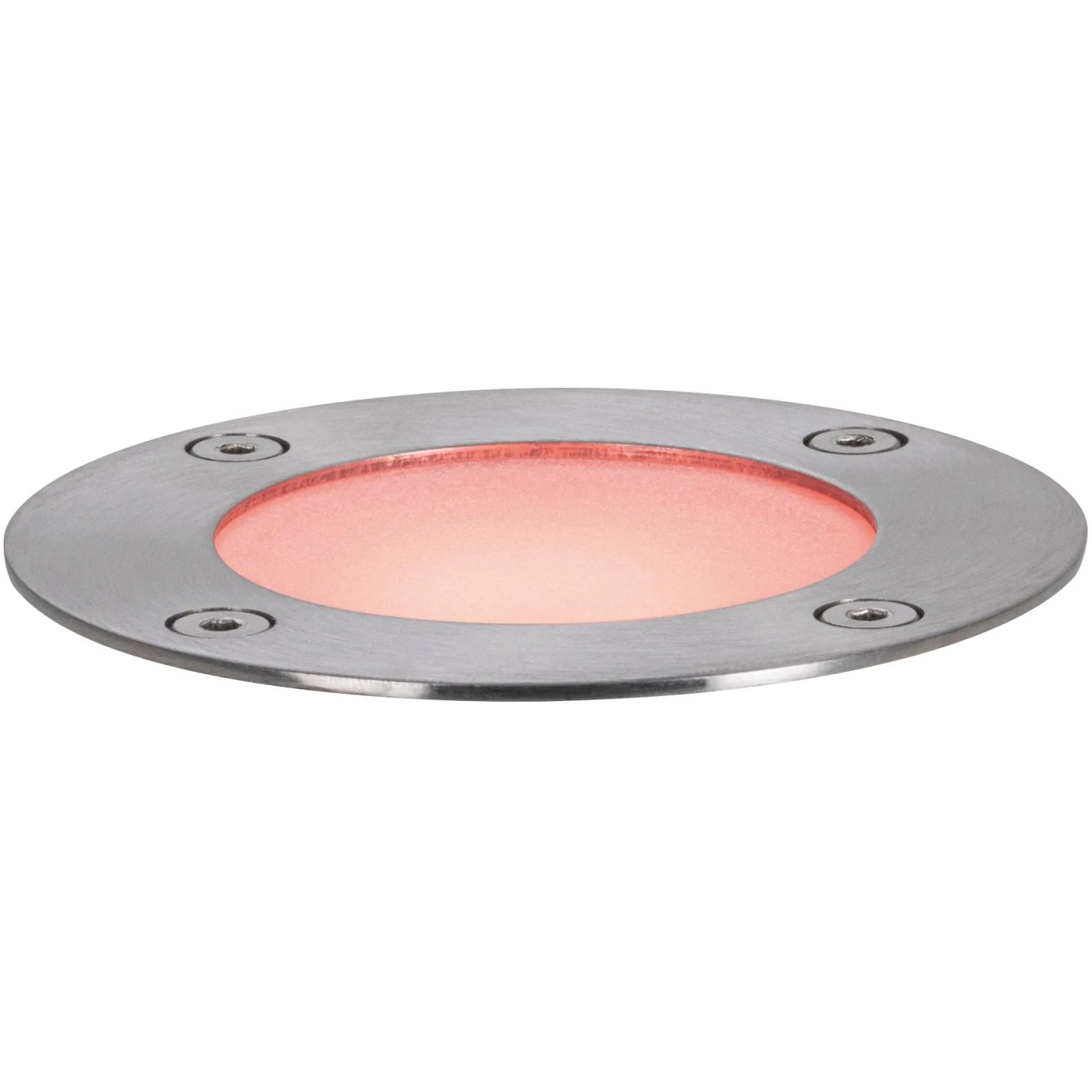 Runder Paulmann Plug & Shine RGBW Bodeneinbaustrahler aus Metall mit rotem Licht, geeignet für den Außenbereich.