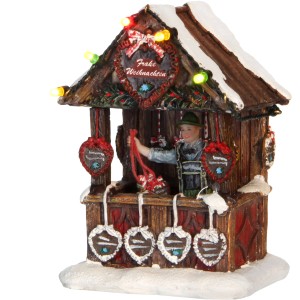 Beleuchteter Weihnachtsmarktstand (L8xB7xH11 cm) mit Lebkuchenherzen und Figur, batteriebetrieben.