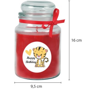Duftkerze im Glas mit Tiger-Motiv und "Happy Birthday" Schriftzug, rote Kerze mit Schleife.