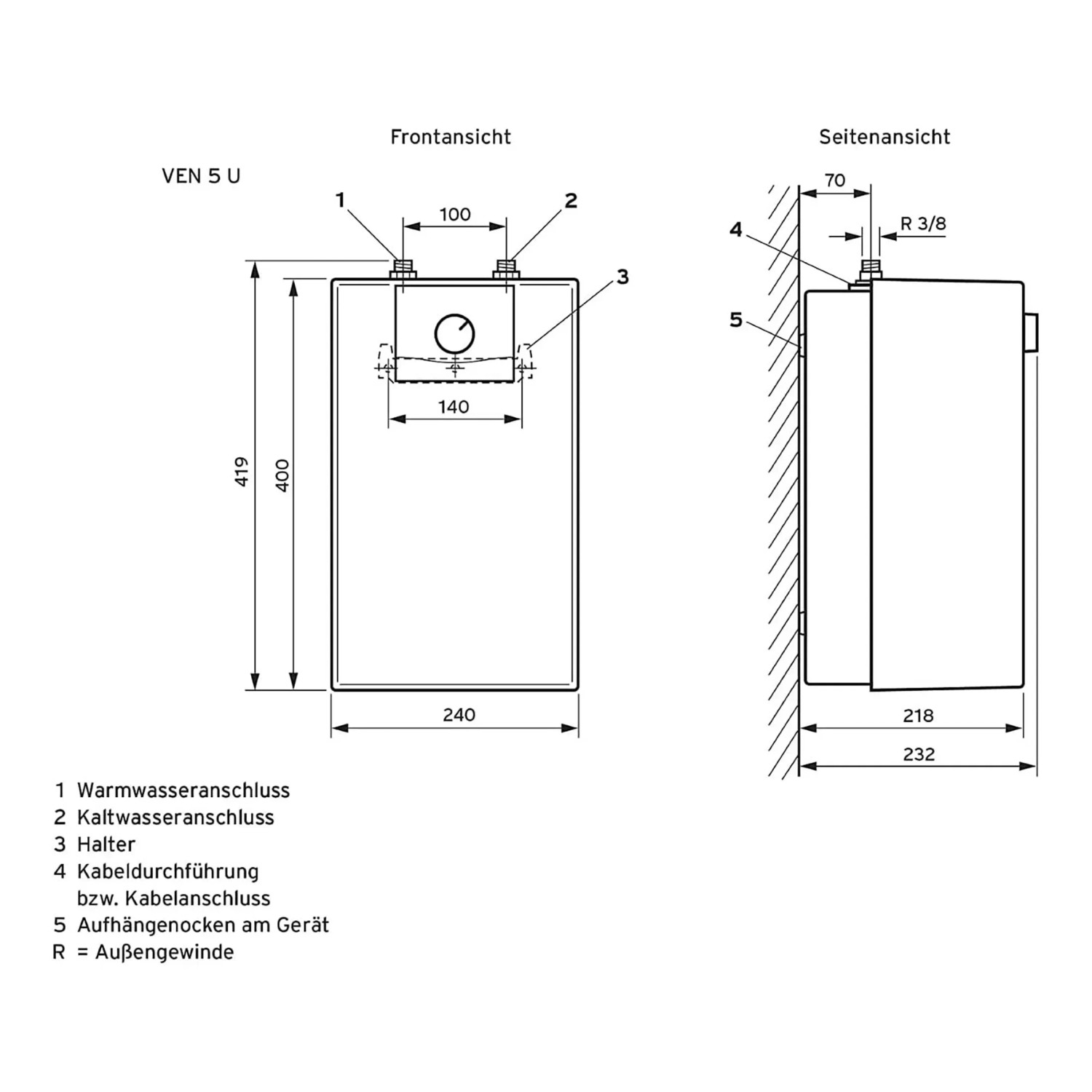 Skizze des Vaillant Untertisch-Elektrospeicher VEN10UN (10 Liter) mit Maßangaben.