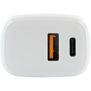 Weißes Schwaiger Schnell-Ladegerät mit USB und USB-C Anschluss für Handy-Zubehör.