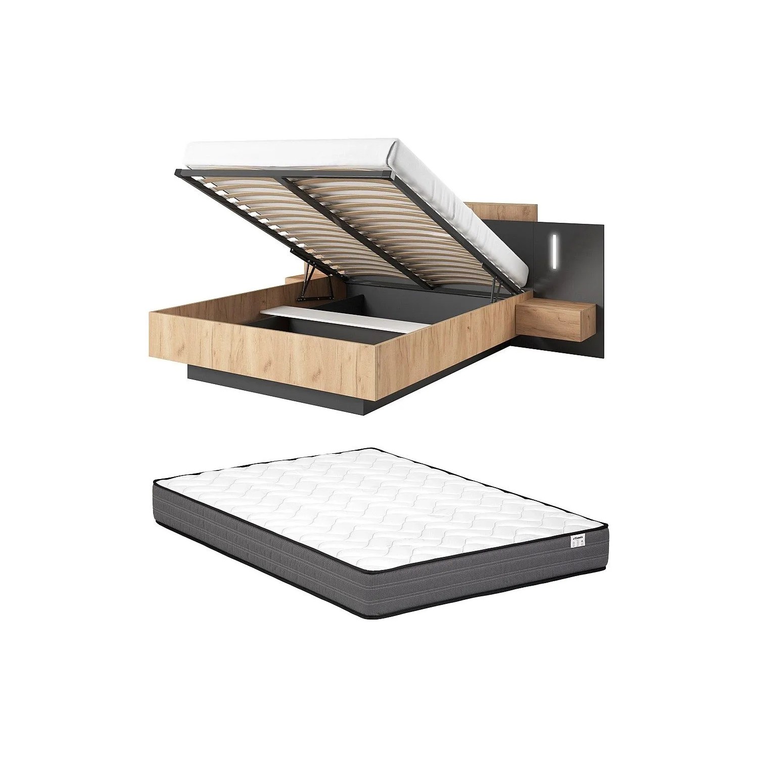 Vente-unique Bett Mit Bettkasten Francoli Anthrazitgrau  Naturfarben Hell 264.4 cm