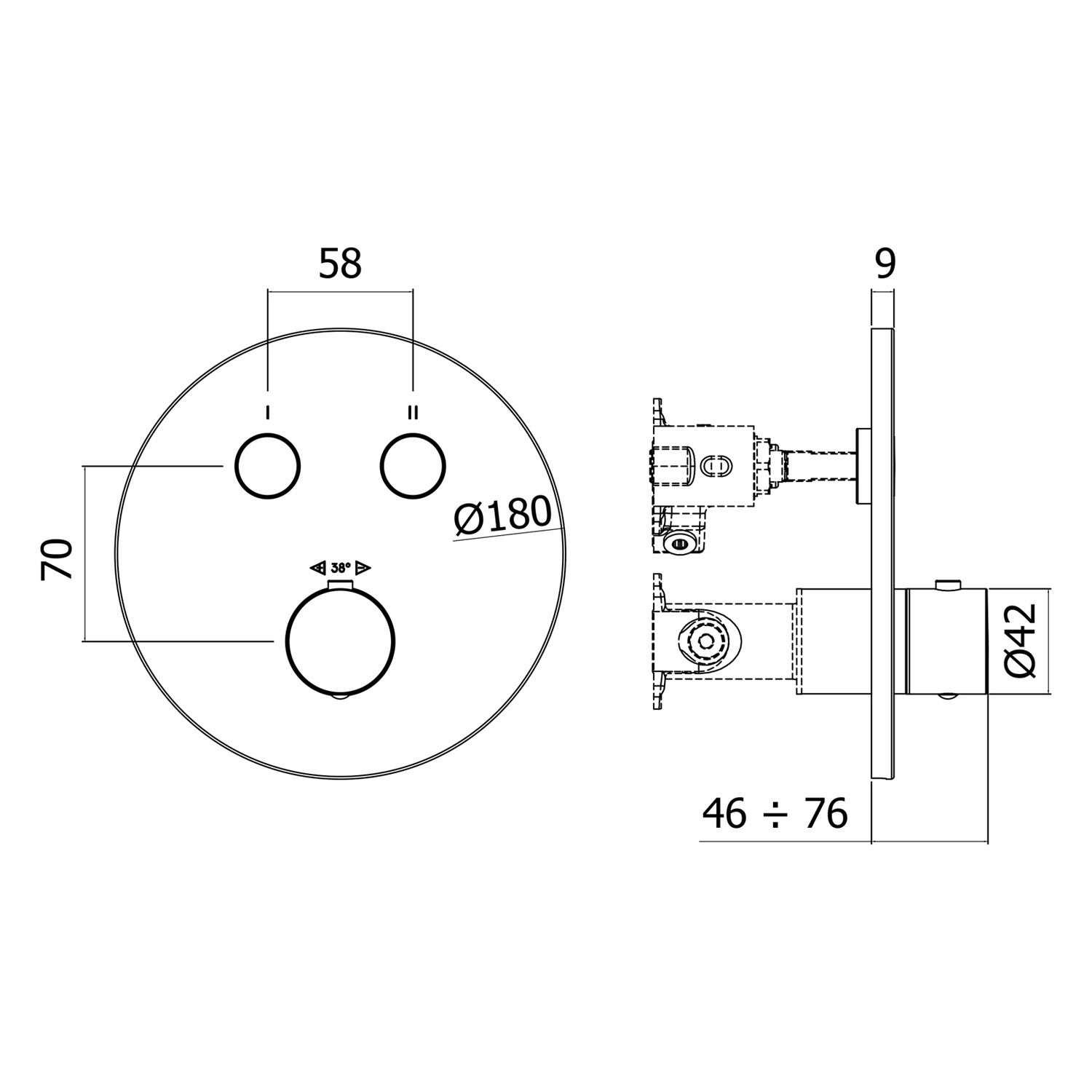 Technische Zeichnung: Kronenbach Unterputz Thermostat für 2 Verbraucher, runde Ausführung mit Maßen.