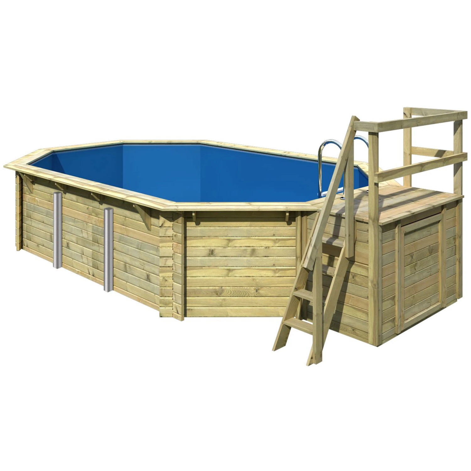Karibu Holzpool Set mit Sonnenterrasse, Leiter und Filteranlage. Ideal für Badespaß im Garten.