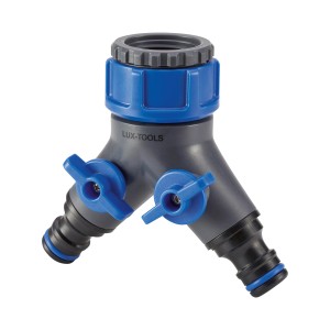 LUX 2-Wege-Ventil für Gartenschläuche, 26,4 mm auf 33,3 mm, Y-Form, aus UV- und frostbeständigem Kunststoff.