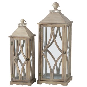 Boltze Home Laterne Karol, 2er Set, Naturholz mit Glas, Shabby-Look.
