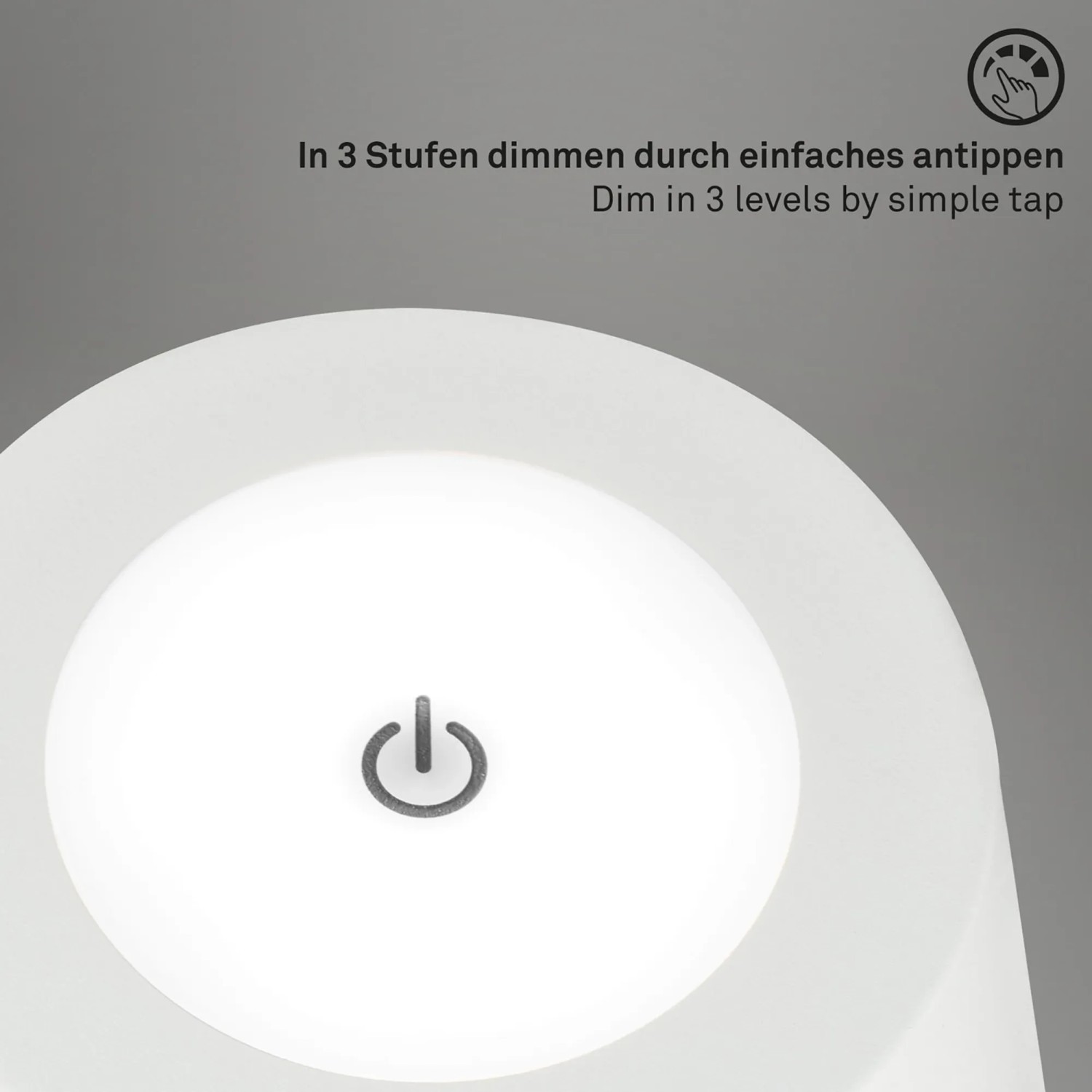 Detailaufnahme: Weiße Brilo Akku Stehleuchte Kiki mit Touchdimmer und An/Aus Symbol.