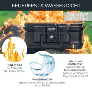 Schwarze HMF Dokumentenbox in Flammen und Wasser, demonstriert Feuer- und Wasserschutz. Sicherer Tresor für Dokumente.