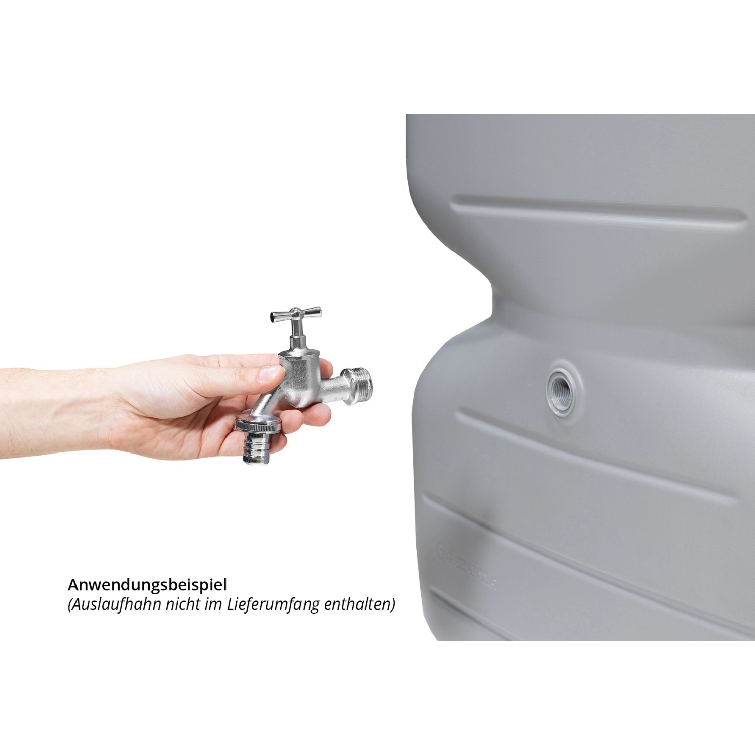 Garantia Gartentank Cubus 1000 l betongrau mit Hand und Wasserhahn (nicht enthalten) als Anwendungsbeispiel.