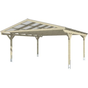 Skan Holz Carport Westerwald Nussbaum, Doppelcarport mit Doppelstegplatten und 4 Pfosten.