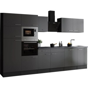 Respekta Küchenzeile Oliver 340 cm Grau mit E-Geräten und Spüle.