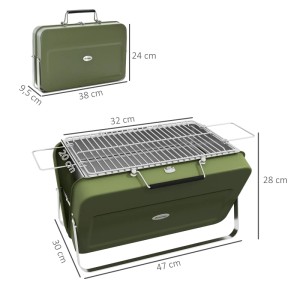 Outsunny Tischgrill im Kofferdesign, grün, mit Grillrost und Kohleschale aus Edelstahl und Metall.